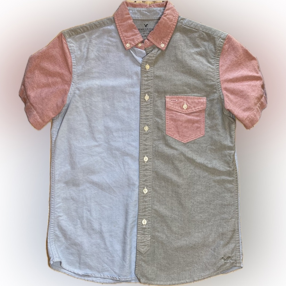 American Eagle Denim Colorblock Pastel Short Sleeve Button Down